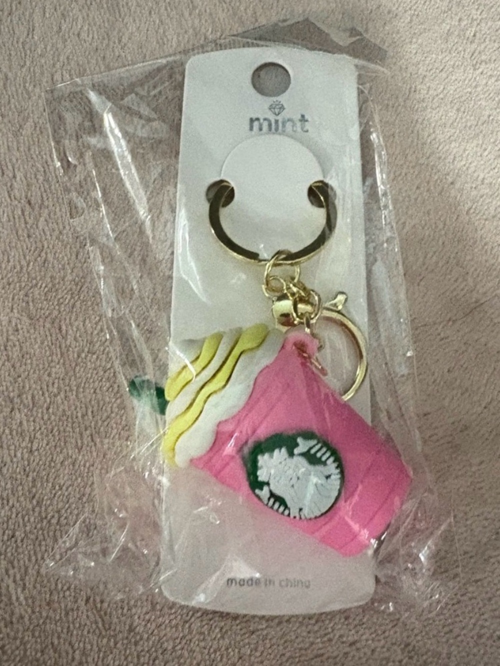 Mint Pink Coffee Cup bag charm with Starbucks logo and Gold Hardware